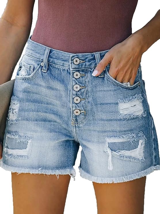 govc 女式休闲高腰 2 粒扣做旧折叠下摆牛仔短裤