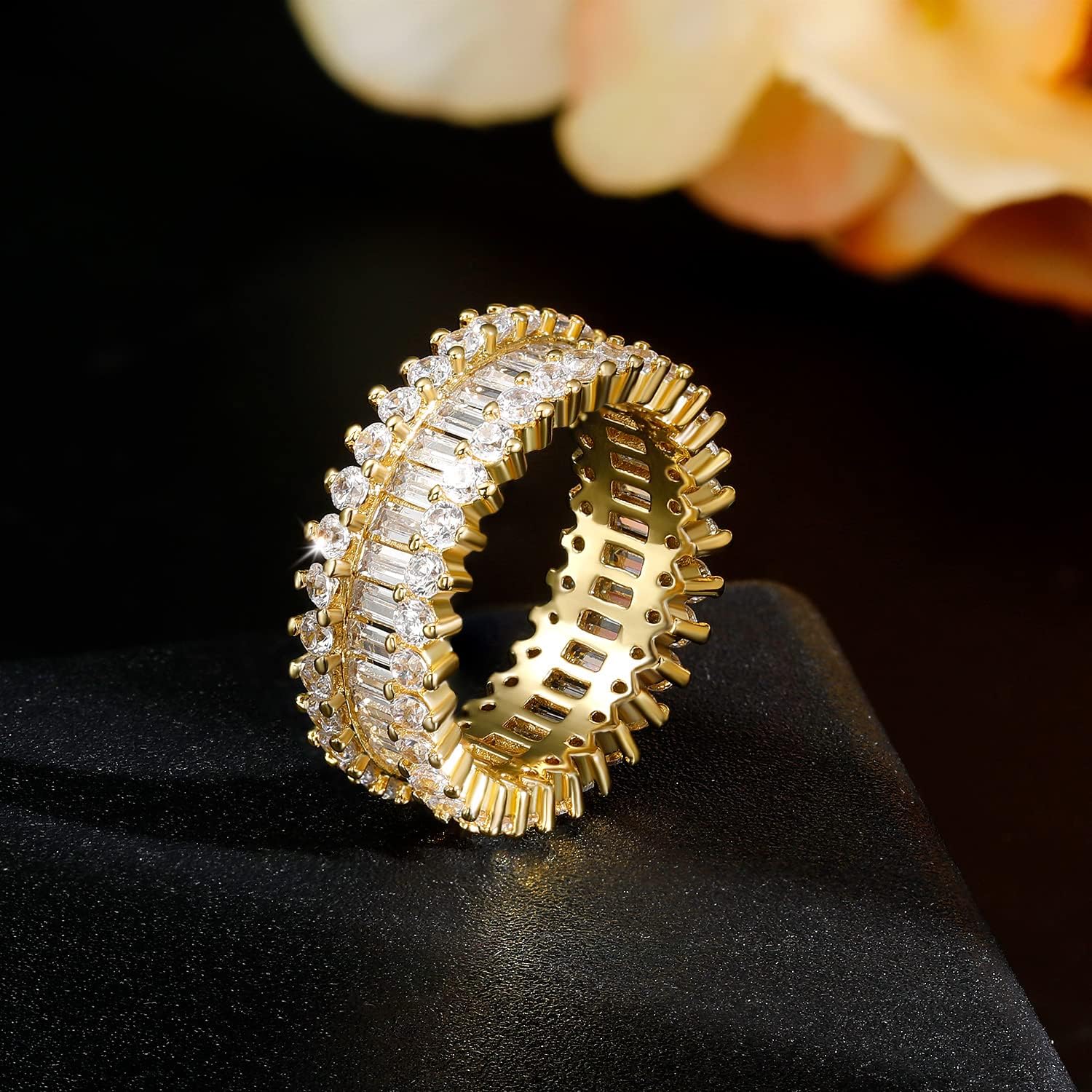 永恒戒指,18k 镀金玉石切割方晶锆石戒指光环婚戒男女适用, 黄铜, 方