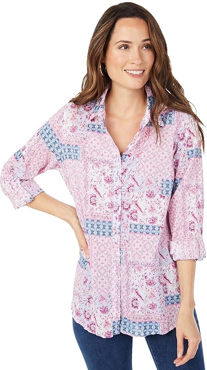 foxcroft 女式 zoey 长袖带卷扣波西米亚花朵衬衫