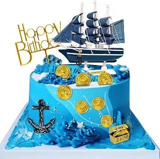 14 件海盗主题蛋糕顶饰航海帆船生日蛋糕顶饰海盗金硬币宝箱海盗船