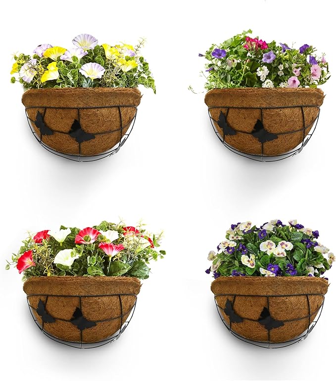 56 厘米金属壁挂花盆篮带可可椰壳衬里,4 件套,半圆形花盆,室内户外