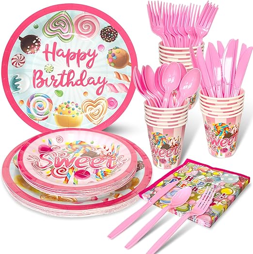 candyland 派对用品,棒棒糖一次性餐具套装餐盘餐巾杯,两个甜美粉色