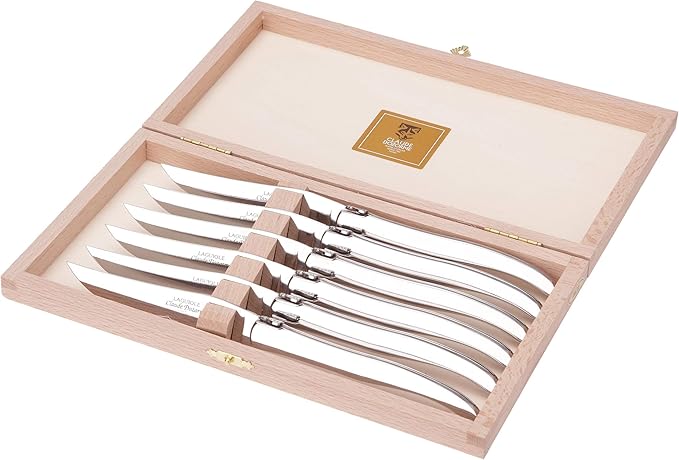 牛排刀,山毛榉制成的盒子,手柄完全由不锈钢制成光泽,6件 【laguiole