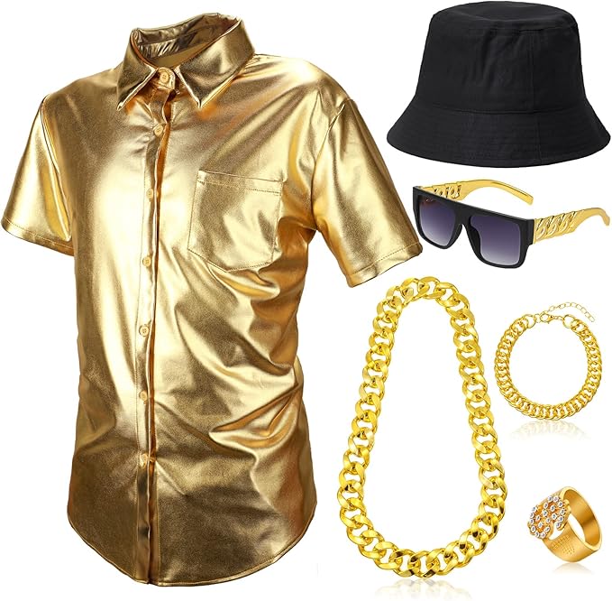 90 年代男士学校说唱歌手服装套装,mc dj 金色衬衫水桶帽嘻哈太阳镜链