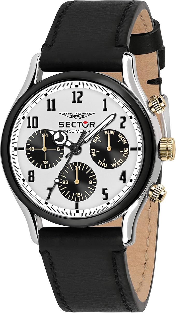 sector 男式 660 不锈钢石英运动手表皮革小牛皮表带,黑色,22 (型号