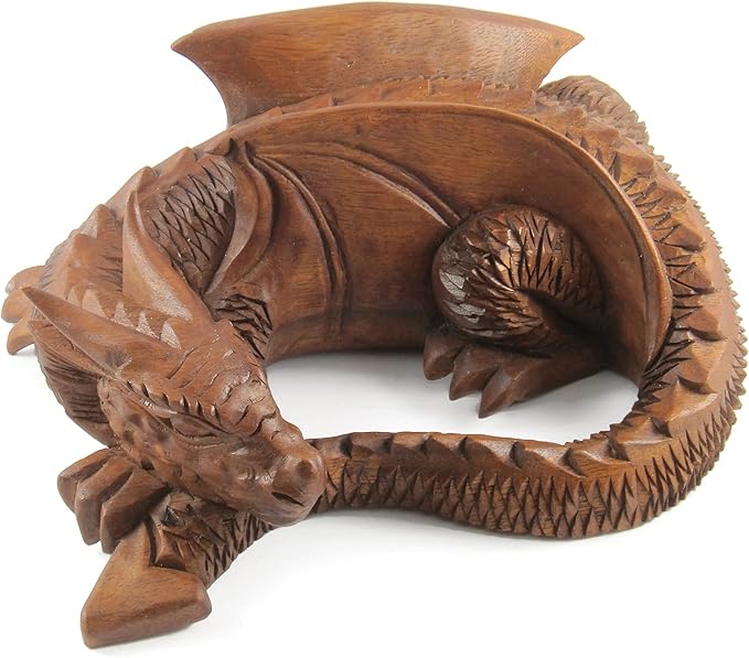 brave wings 手工雕刻木制 - 宝藏守护者睡觉龙 - 木质装饰雕塑雕像