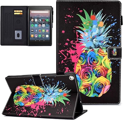Kerom 手机壳适用于amazon Fire Hd 10 平板电脑 9 代 7 代 5 代 2019 2017 2015 年发布 Pu 皮革支架保护套 带自动唤醒 适用于10 1 英寸fire 10 平板电脑保护套 玫瑰菠萝
