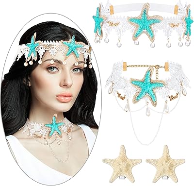 4 件万圣节美人鱼服装套装海星头带波西米亚发带美人鱼项链海星发夹