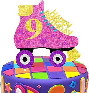 9 岁生日溜冰鞋生日快乐蛋糕装饰,80 年代复古主题嘻哈粉色闪光派对