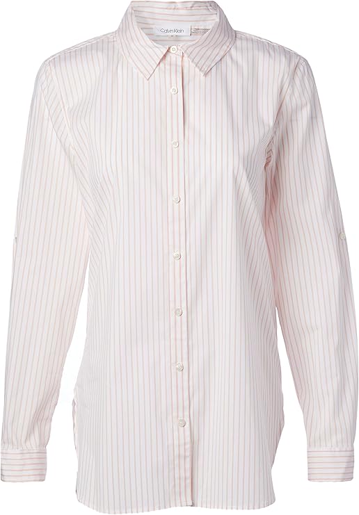 calvin klein 女士府绸卷袖高低下摆男友衬衫