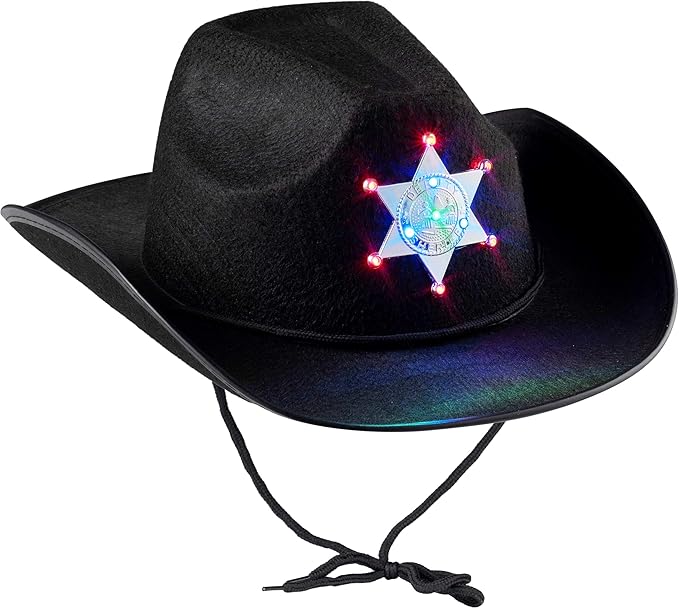 黑色警长帽(1 件装)警长牛仔发光帽,带闪亮徽章和颈部抽绳,适合儿童