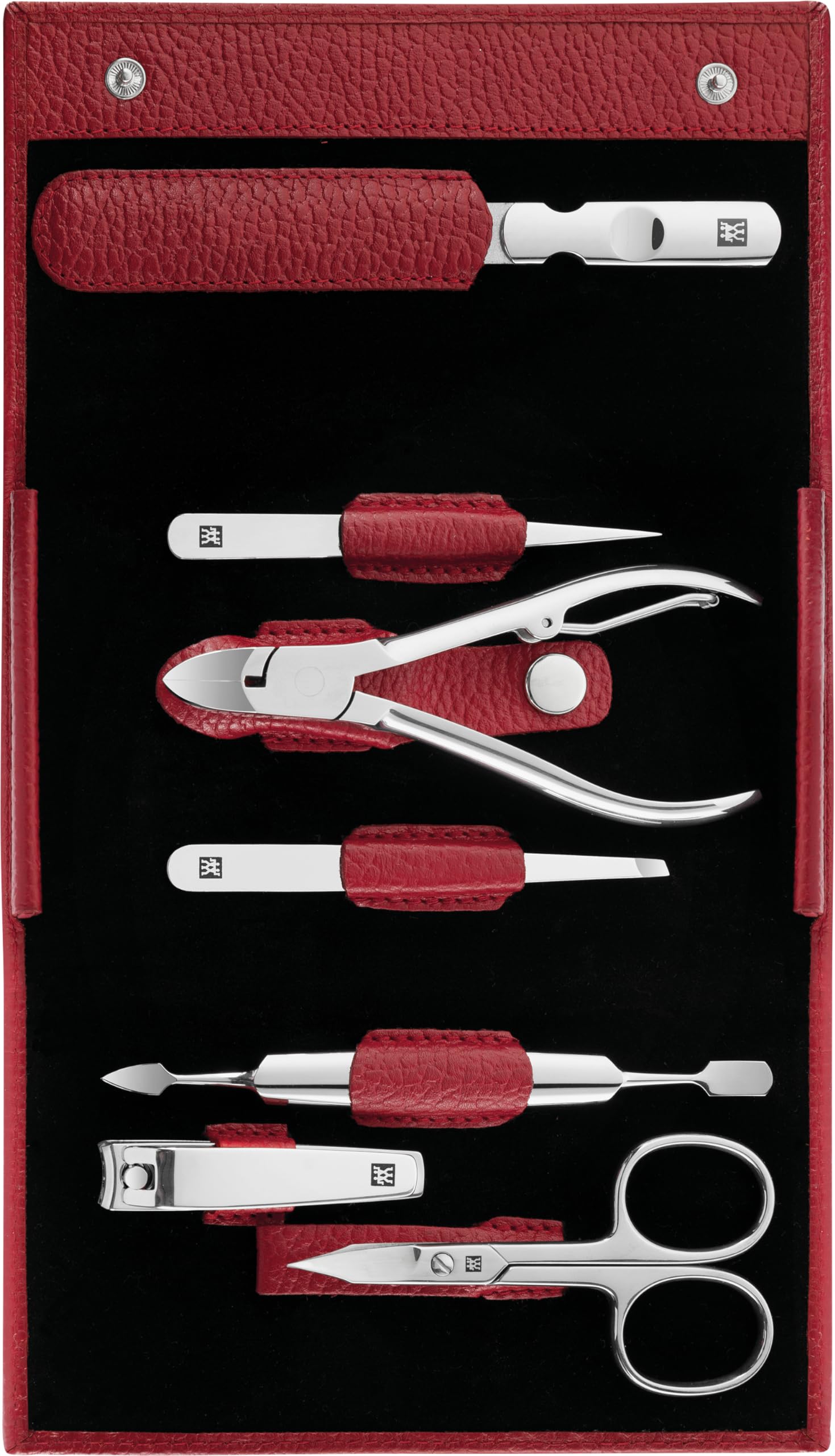 ZWILLING Twin manicure and pedicure set, Classic INOX, travel box set, nail care, leather, 7-piece set, red
