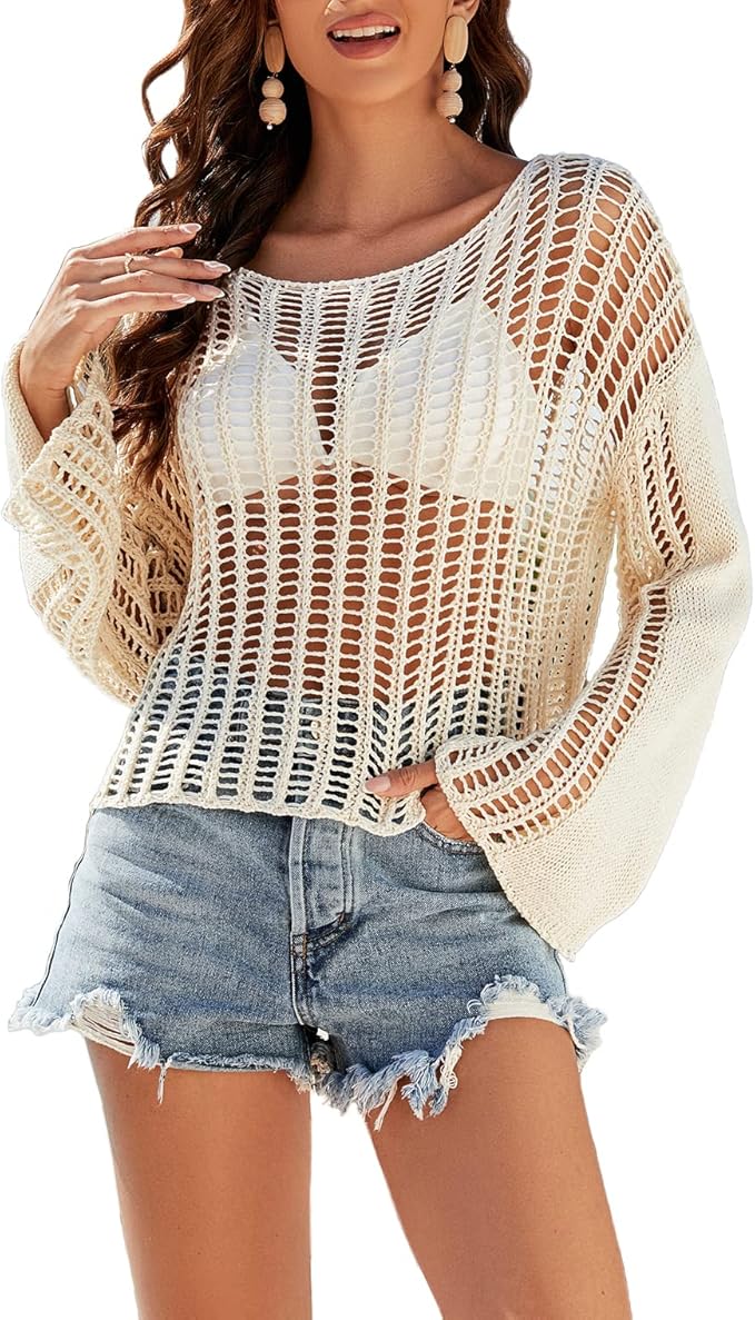 jinghuiyue 女式镂空泳衣罩衫喇叭袖钩针针织沙滩比基尼透视网眼罩衫