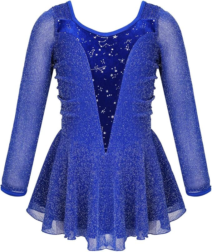 zdhoor 儿童女孩溜冰裙长袖芭蕾舞裙体操紧身连衣裤闪光舞蹈服