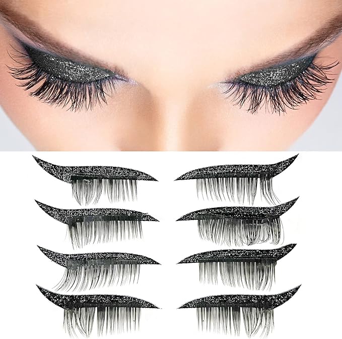可重复使用的睫毛眼线贴纸,4 对假睫毛和眼线笔贴纸,天然防水,黑色