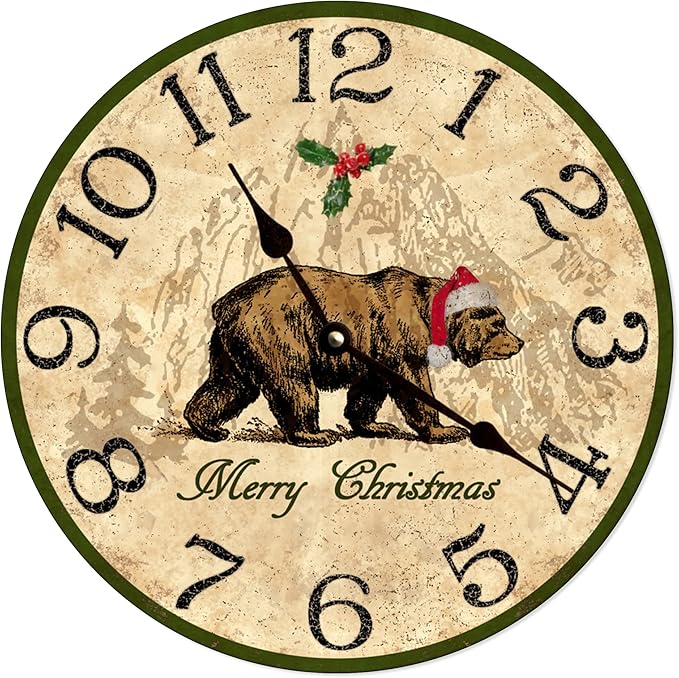 圣诞小屋时钟圣诞快乐熊时钟圣诞熊挂钟静音非滴答木制挂钟电池操作