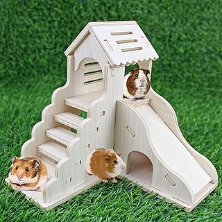 yankmoom 仓鼠屋带楼梯滑梯,可水洗木制仓鼠游戏滑梯无聊断路器小型