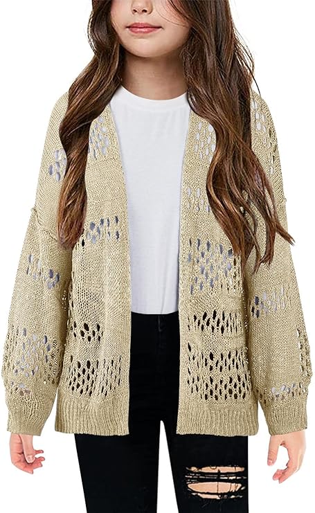 女孩钩针开衫和服波西米亚长袖轻质柔软超大前开襟针织毛衣