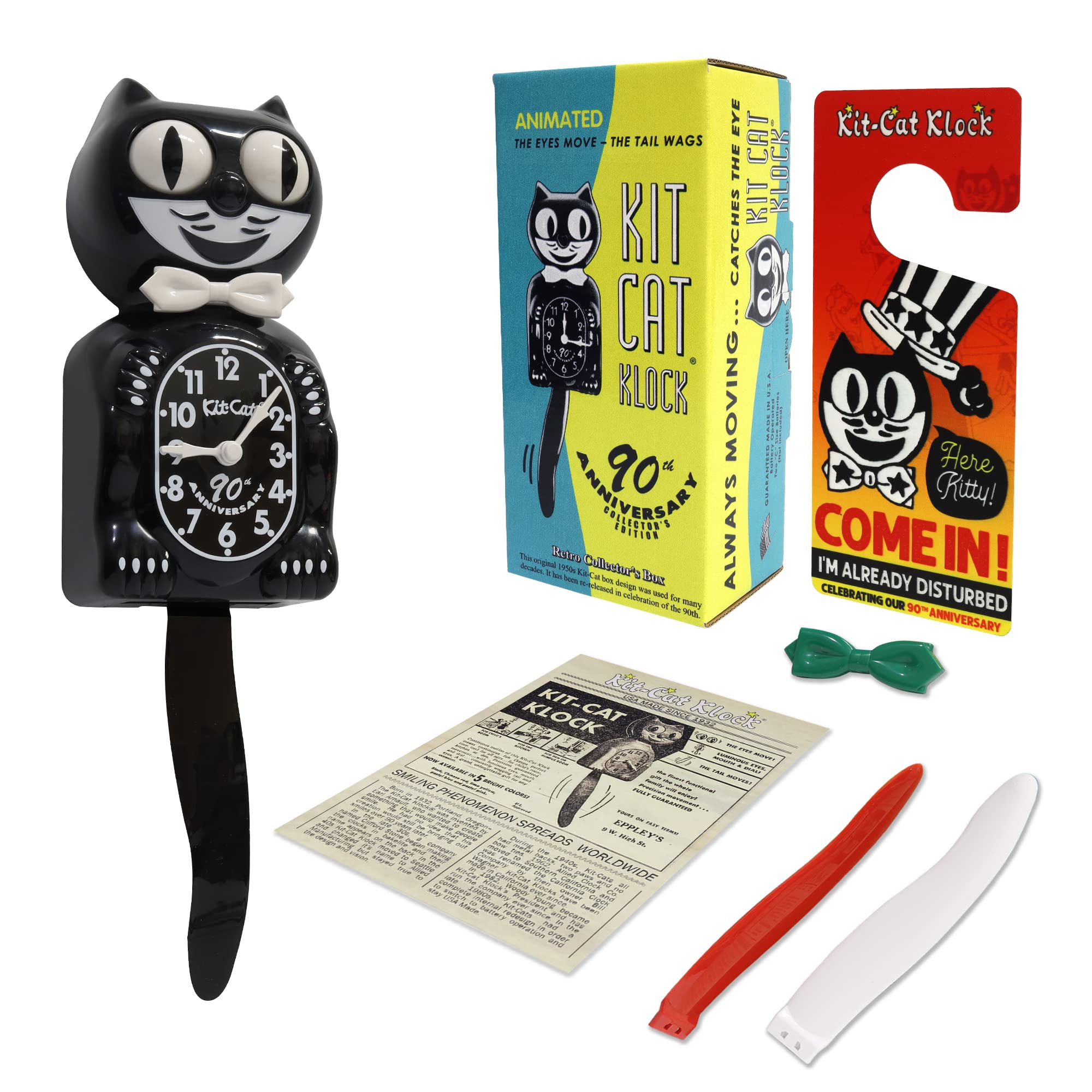Kit Cat Klock The Original 90th Anniversary Limited Edition with collector box, black kit Cat wall clock with white bow, swing tail and move *, perfect * for vintage home decor