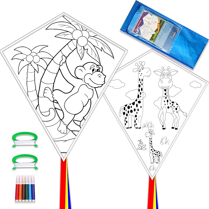 单线带手柄和琴弦 - 白色钻石风筝(2 件装彩色猴子长颈鹿)