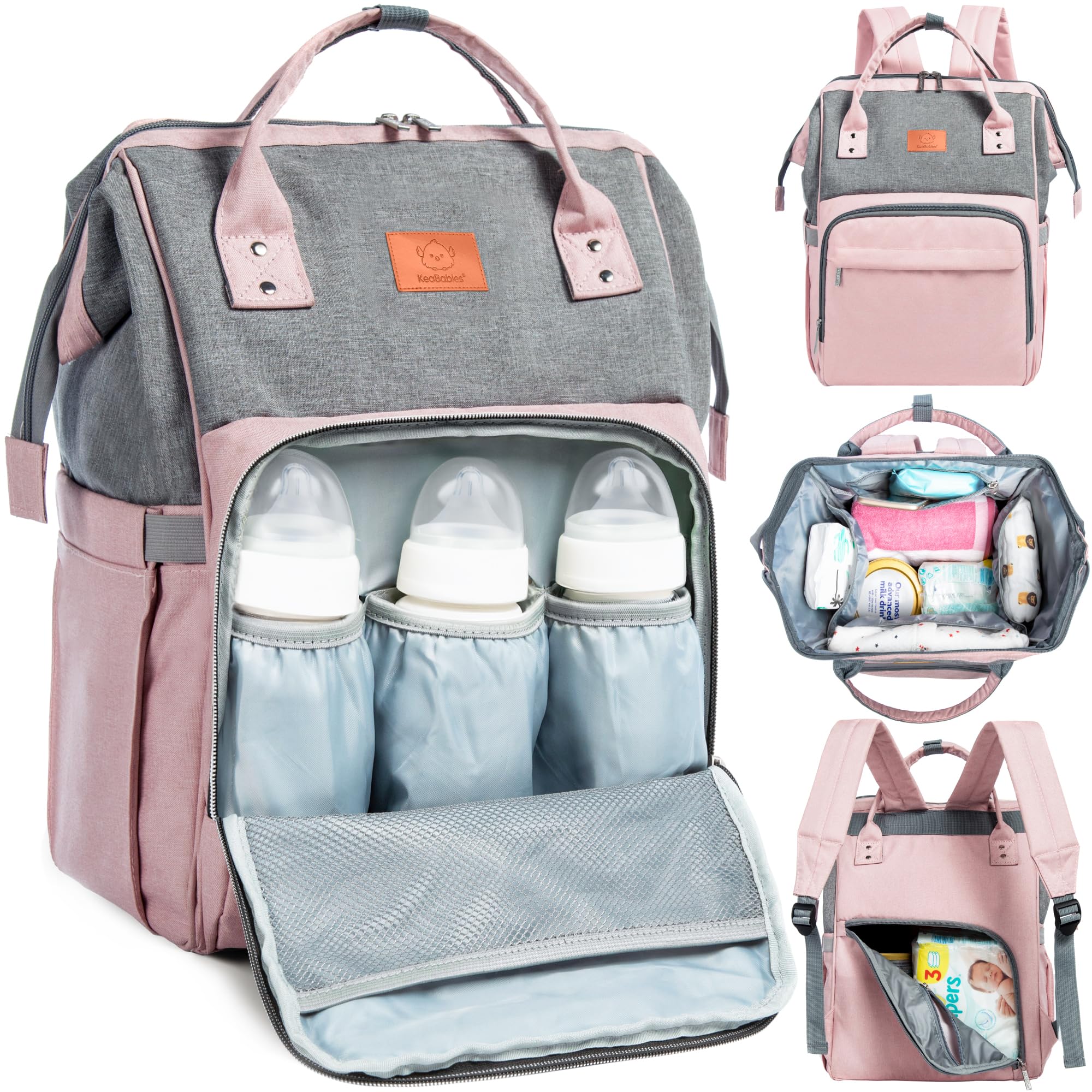 KeaBabies Diaper Bag Backpack, Waterproof Multi-purpose Baby Travel Bag (pink gray)
