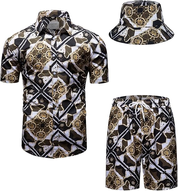奢华套装金色链条印花衬衫和短裤 2 件套巴洛克式系扣套装,带渔夫帽