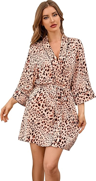 女式 3 件套睡衣豹纹印花睡衣吊带和短裤丝滑蕾丝睡衣内衣带睡袍