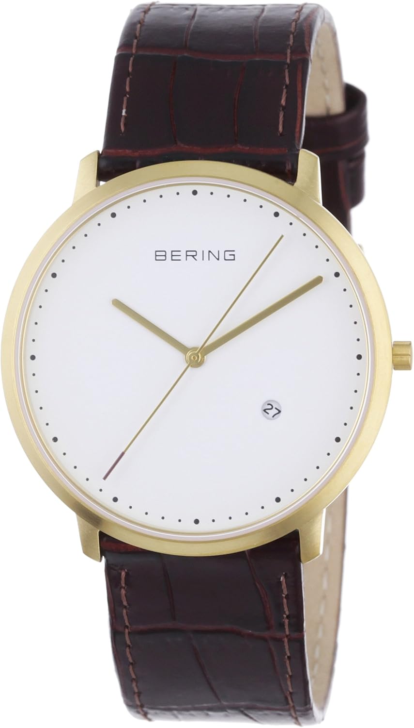 bering 男式模拟石英手表带皮革表带 11139-534