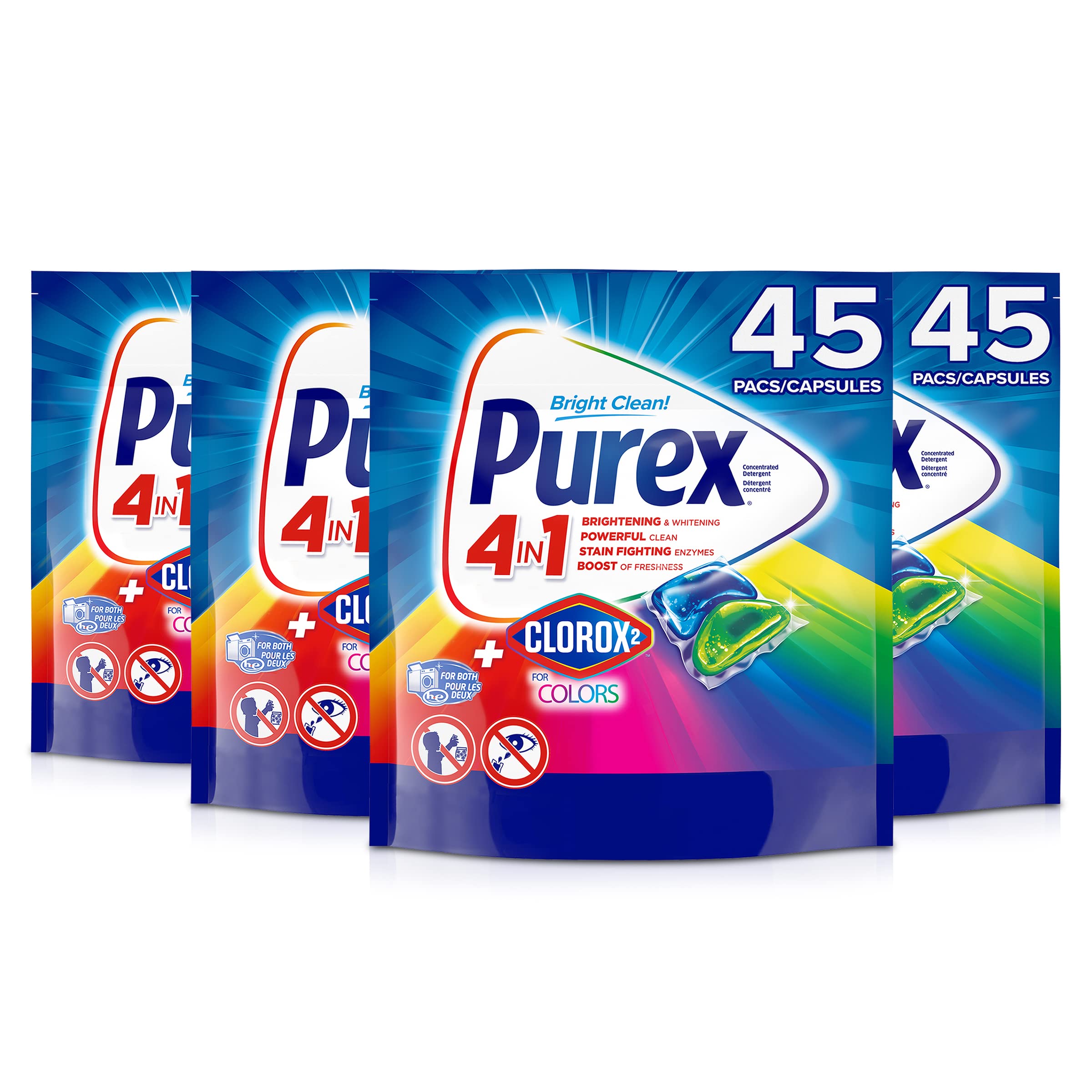 Purex 4 in 1 + Clorox2 detergent, fresh, 45 pieces, 4 packs, total 180 load