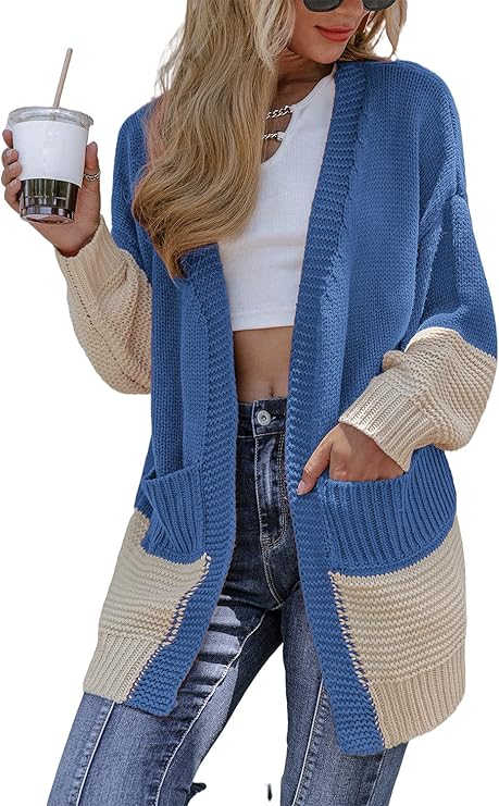 miessial 女式长袖拼色粗针织开衫毛衣宽松开襟毛衣外套带口袋