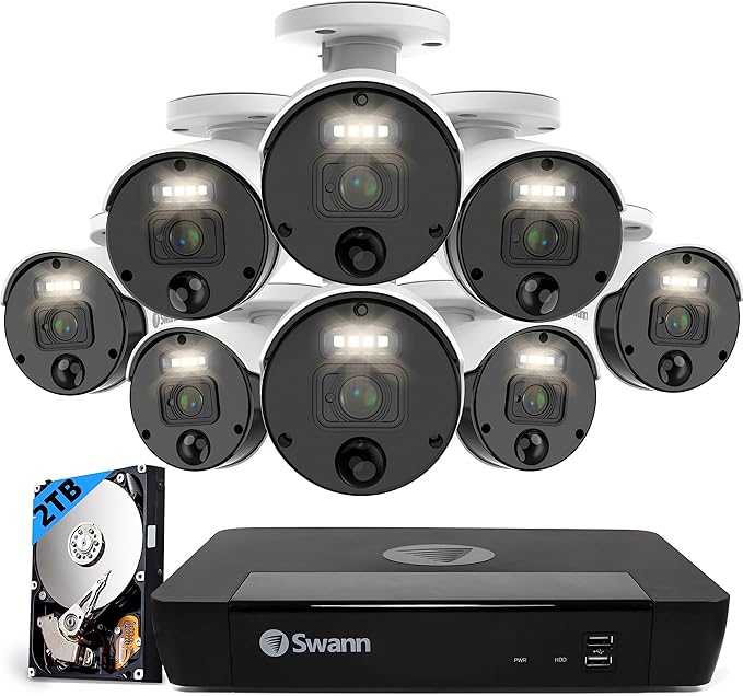 Swann Security Home DVR Security Dome Camera System with 2TB HDD, 4K Ultra HD Video, 8 Channel 8 Cam, Indoor & Outdoor Wired Surveillance CCTV Camera, Night Vision, Heat Motion Detection