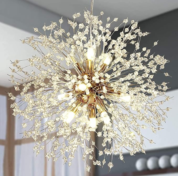 krychiler 现代水晶吊灯 8 盏浅金色蒲公英sputnik吊灯天花板灯具金色