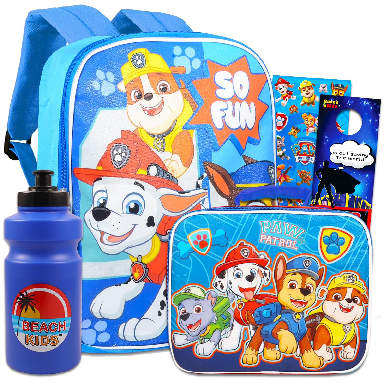 Paw Patrol Dog Patrol School Backpack with lunch box, suitable for children, boys ~ 5-piece set, bring 15-inch Dog Patrol book bag, water bag,300 stickers and other Paw Patrol Dog Patrol school suppli