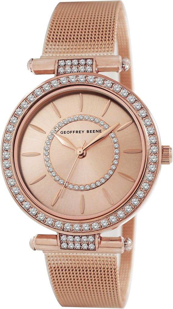 geoffrey beene 女式网眼石英手表带水钻装饰
