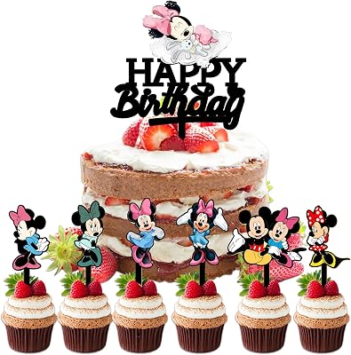 7 件迪士尼米妮生日蛋糕装饰,wopin- 米妮老鼠生日快乐蛋糕装饰套件