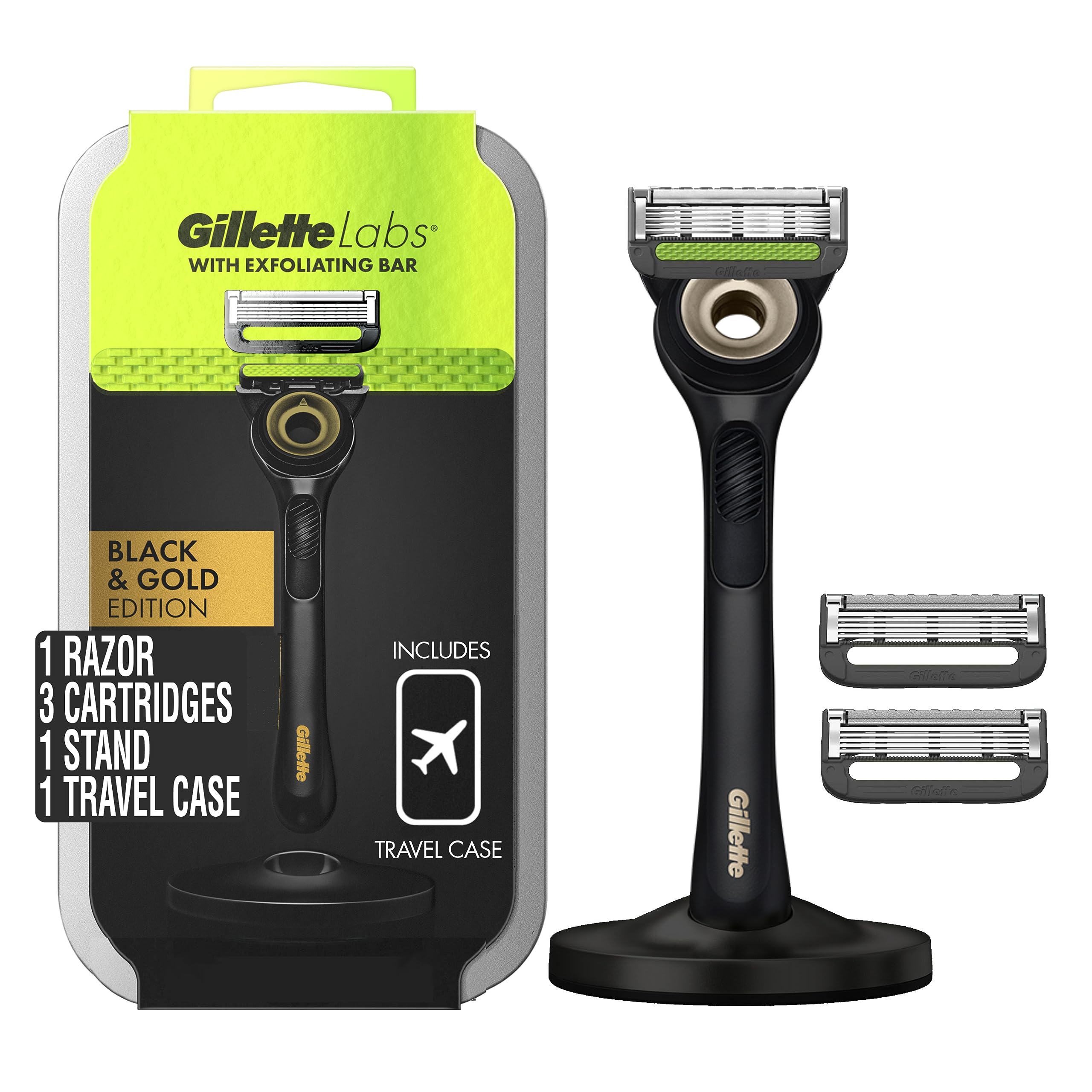 Gillette Gillette Labs Men's shaver with exfoliating stick gold version, including 1 handle, 3 razor blade refills, 1 travel case, 1 high-end magnetic bracket, Father's Day gift