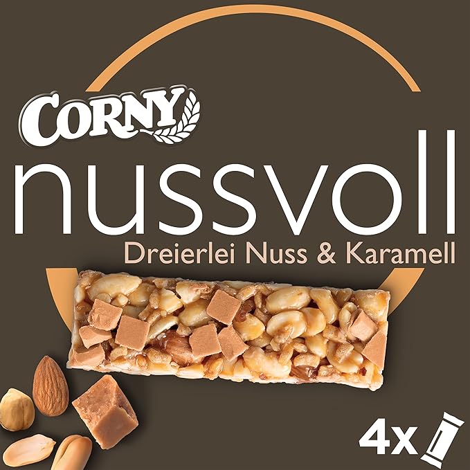 corny nussvoll dreierlei nuss und karamell 4er, nussriegel mit