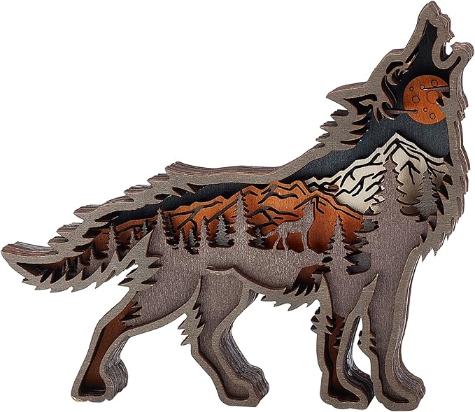 creatcabin 3d 雕刻木狼动物雕像空心多层剪影装饰森林