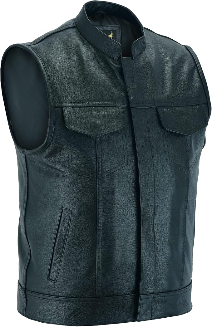 leatherick anarchy club 男式黑色皮革马甲 - 摩托车骑手背心,红色和