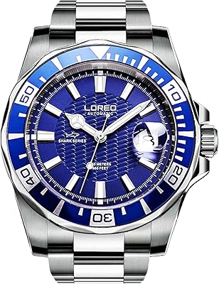 loreo 男式自动手表银色不锈钢夜光蓝宝石玻璃旋转表圈日期防水商务
