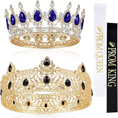 4 件金色国王皇冠皇冠皇冠男士女士舞会女王和国王缎面腰带水钻皇冠