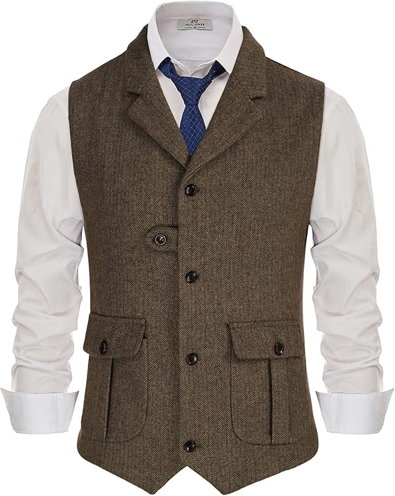 pj paul jones 男士英式定制领人字呢粗呢西装马甲带盖口袋