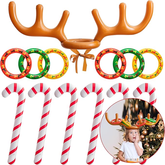 13 件装圣诞充气鹿角投掷游戏,带充气拐杖糖,大号充气儿童圣诞玩具