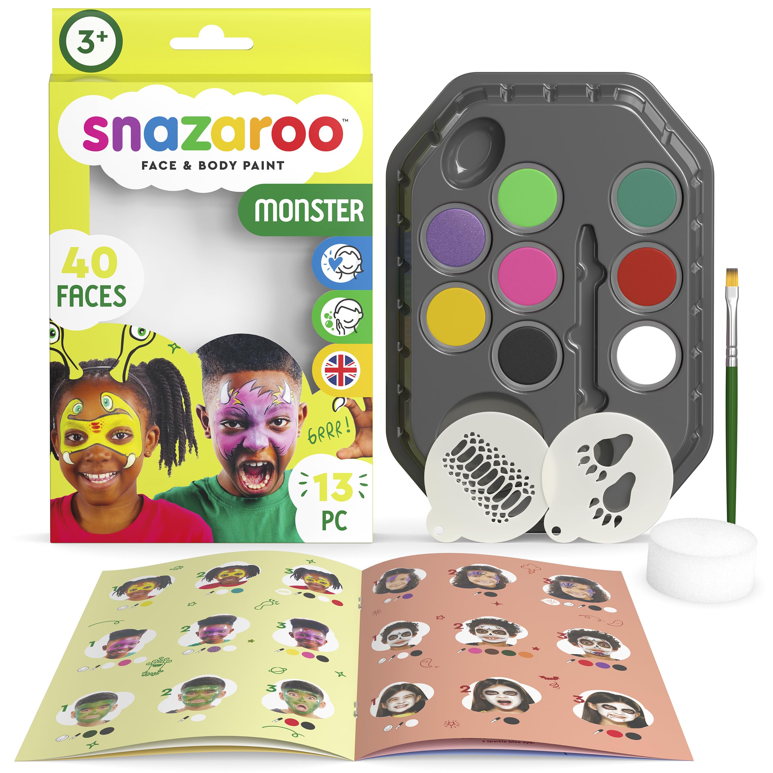 Snazaroo 1172190 Makeup Set "Monster" Skincare Friendly Water Facial Makeup -7 Makeup Pigments 1 Makeup Brush 1 Sponge 2  Templates and Step by Step Instructions (not necessarily supported in Chinese)