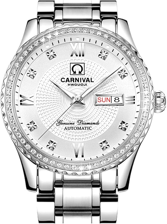 carnival 男士表盘自动全金不锈钢蓝宝石玻璃防水男士黑色手表