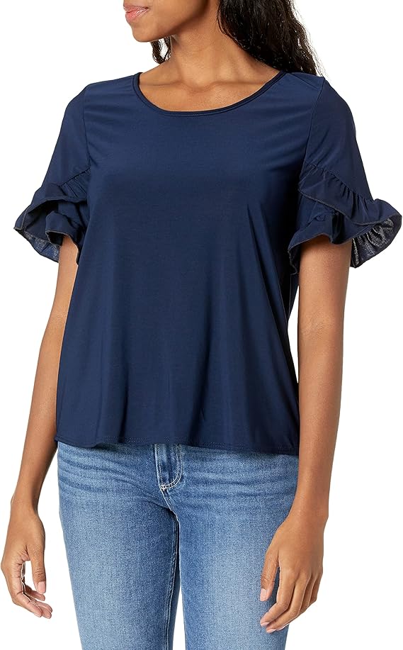 star vixen 女式娇小褶皱郁金香袖休闲上衣,*蓝,ps