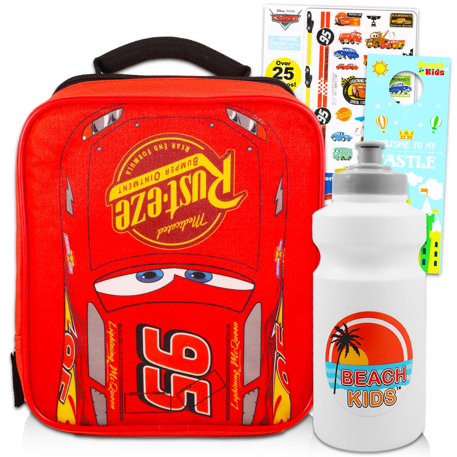 Disney Cars Boys, Kids Lunch Box - includes a premium insulated Lightning McQueen lunch bag and Disney Car school supplies such as tattoos, beach kids' water bottles and more