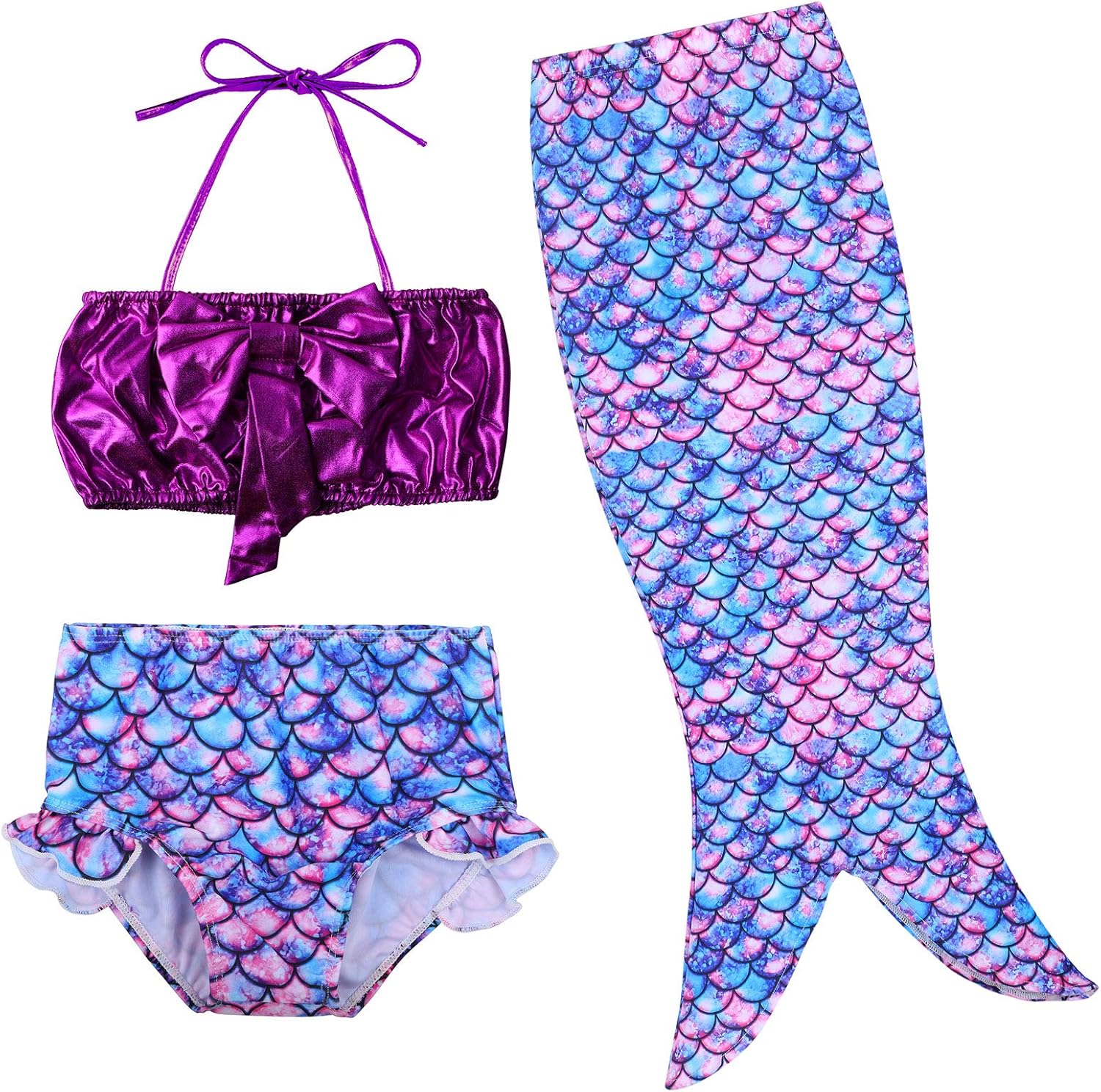 tfjh e 3 件套儿童女孩泳衣泳衣比基尼鱼尾套装 3-10 岁 b 紫色蓝色 3