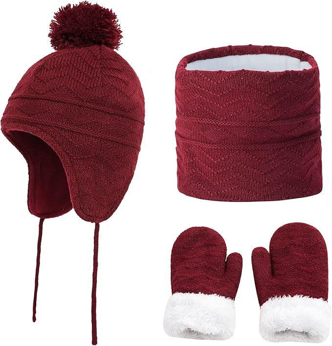 baby girl 冬季帽手套套装,幼儿保暖针织无檐*帽,带羊毛内衬颈套,适合