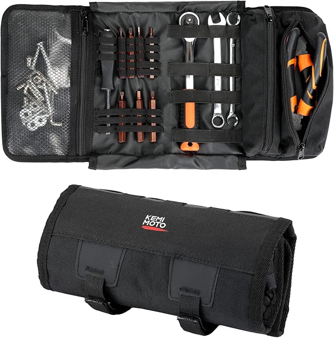 kemimoto 摩托车工具包车把工具卷黑色工具收纳袋带弹性环口袋耐用